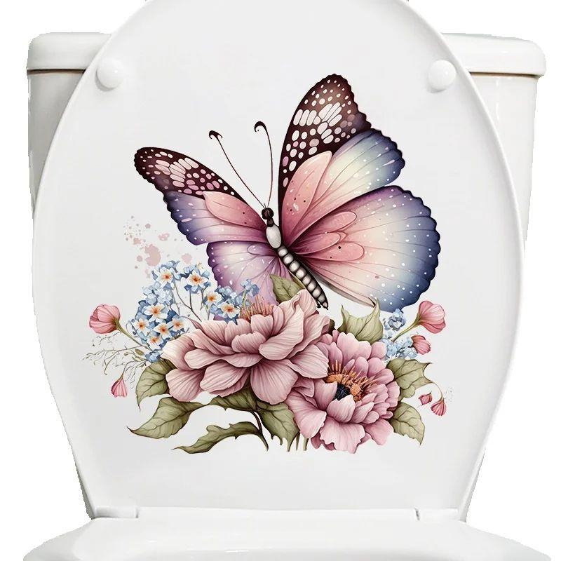 New Painted Pink Beautiful Flower Butterfly Sticker Bathroom Toilet Waterproof Toilet Lid Toilet Sticker