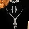 Crystal Silver Geometric Tassel Necklace & Earrings Three-piece Set Wedding Gift Party Accessories for Bride