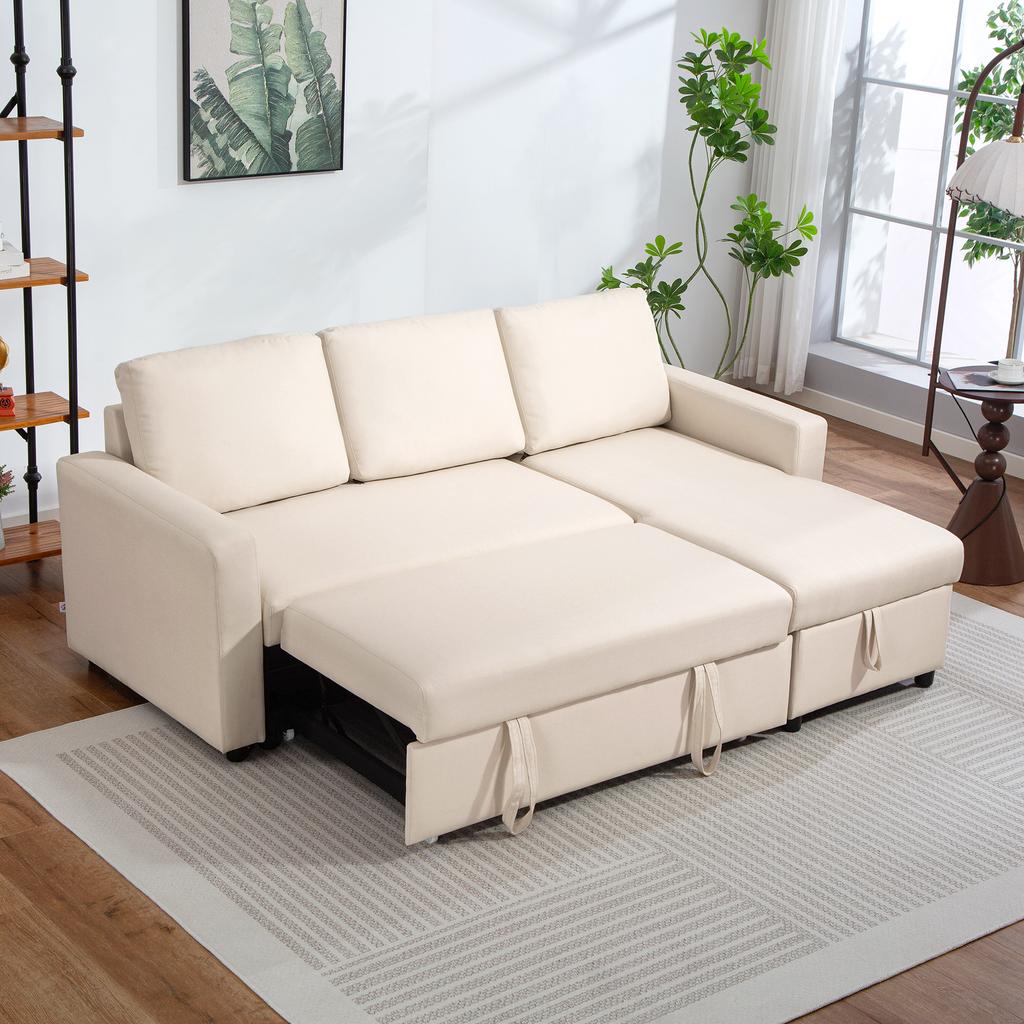 Divano angolare modulare convertibile con chaise longue reversibile, contenitore e 3 cuscini schienale, color crema