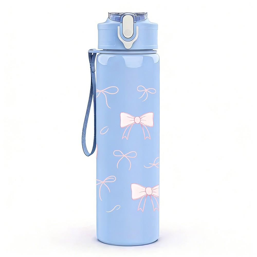 1PC Soft Pink Bow Repeat Pattern 750ml Color Plastic Sports Water Bottle Leakproof Flip Straw Lid Suitable for Sports Office Home Use
