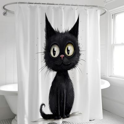 Waterproof Polyester Shower Curtain, Cartoon Black Cat Pattern - Animal Theme Bathroom Decor, with Hooks, Polyester Fabric