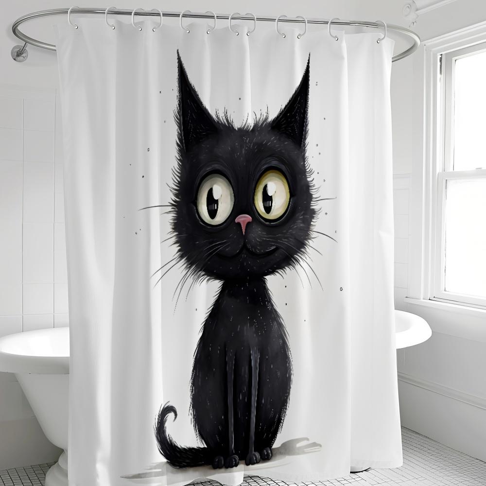 Waterproof Polyester Shower Curtain, Cartoon Black Cat Pattern - Animal Theme Bathroom Decor, with Hooks, Polyester Fabric 90X180cm
