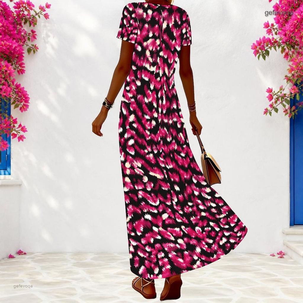 Women Plus Size V Neck Short Sleeve Printed Casual Maxi Dress