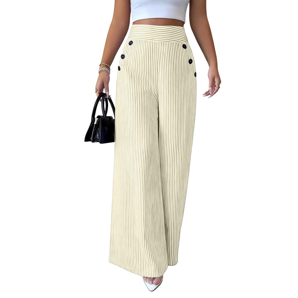Flowy Pants for Women Casual High Waisted Wide Leg Palazzo Pants Long Trousers with Buttons and Pockets Plus Size