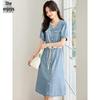 Women's V-Neck Short Sleeve Belted Denim Midi Dress