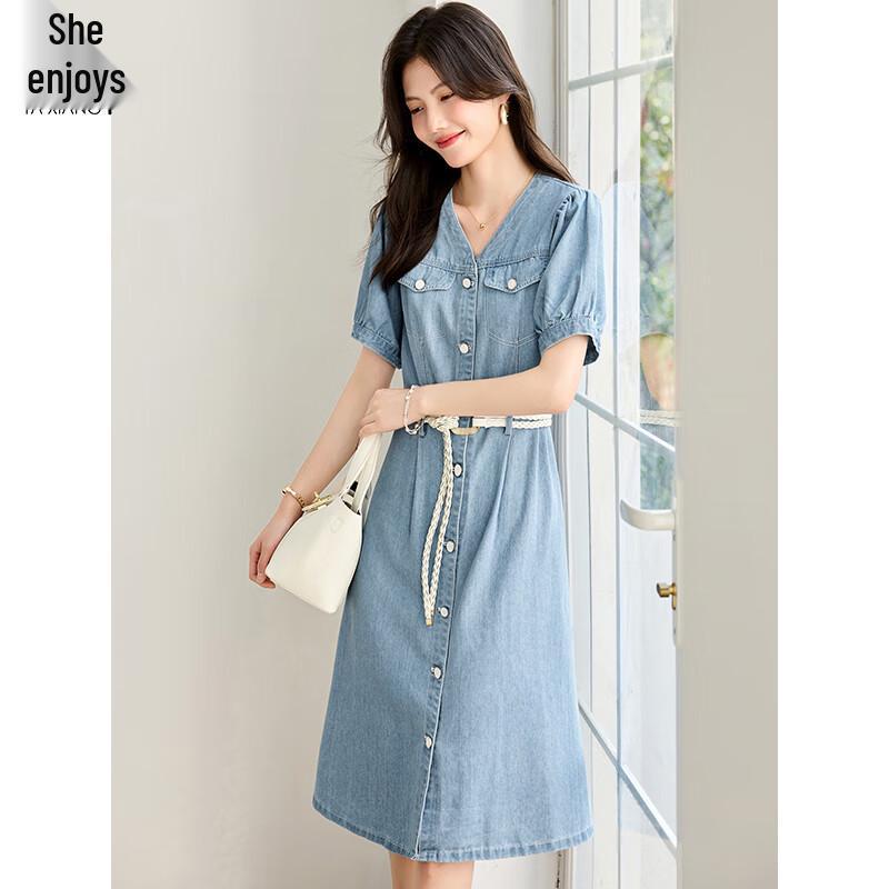 Women's V-Neck Short Sleeve Belted Denim Midi Dress