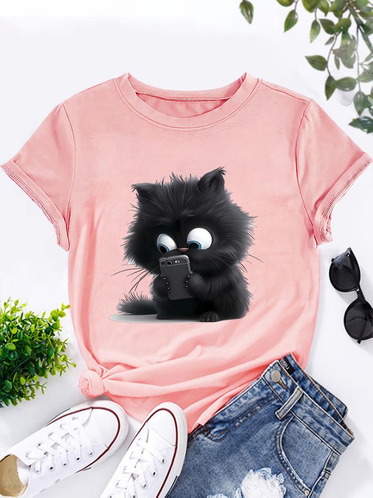 Fluffy Cat Phone Womens Tee Cute Cartoon Feline Graphic Playful Print for Casual Daily Wear