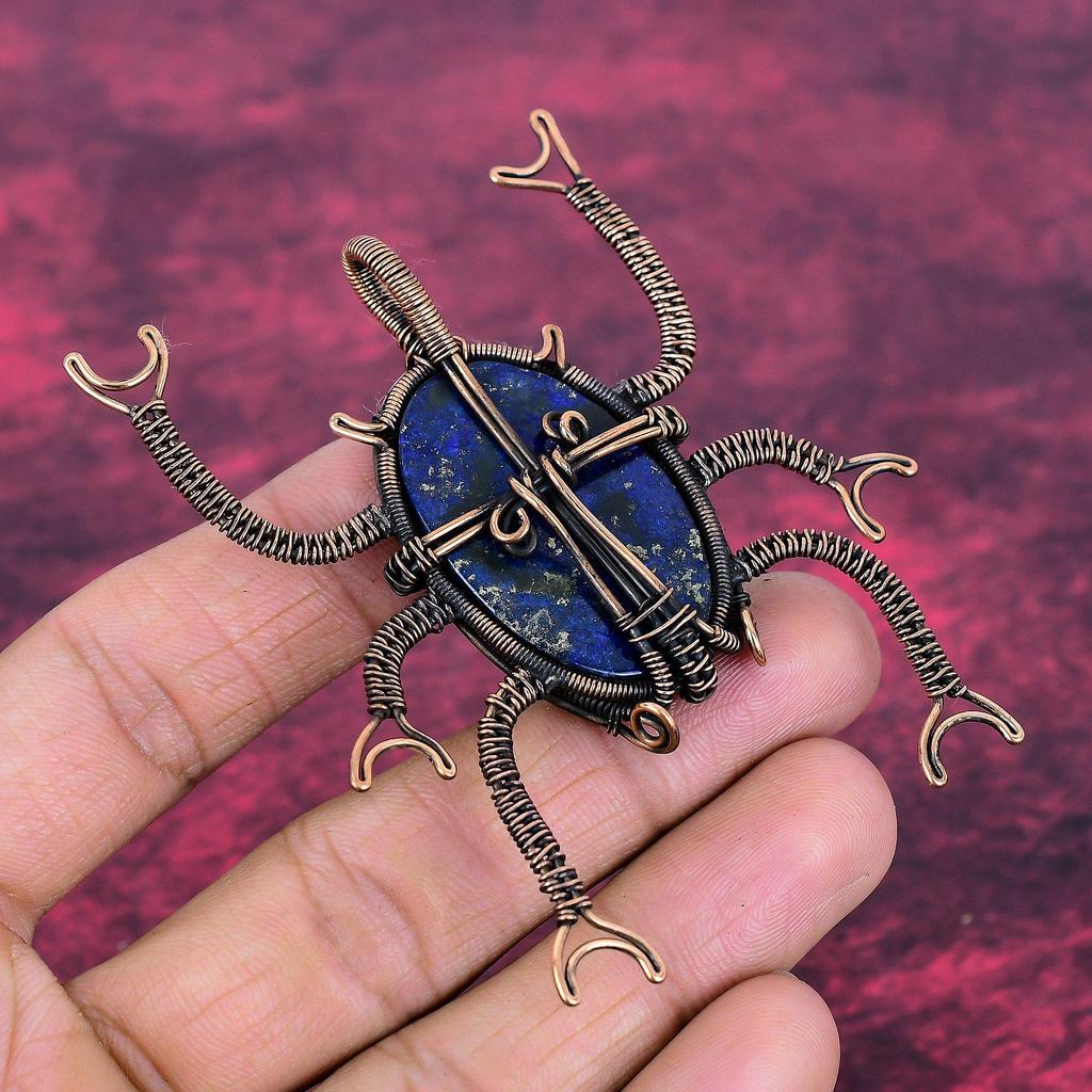 Lapis Lazuli Pendant Copper Wire Wrapped Jewelry Gemstone Pendant Beetle Pendant