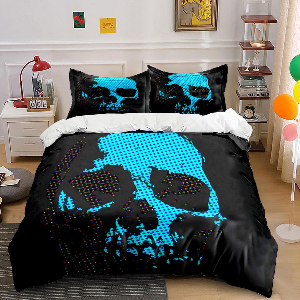 3Pcs Glitter Mesh Skull Bedding Set, Cyan Dot Punk Skeleton Print Duvet Cover Pillowcases Single Double King Queen, Gift