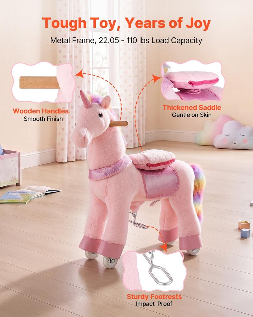 Ride On Horse, Riding Pink Unicorn Toys for Kids, No Battery Required, Smooth Wheels with Anti-Roll Stop Ring, Upgraded Raised Seat, Handles, Pedals,