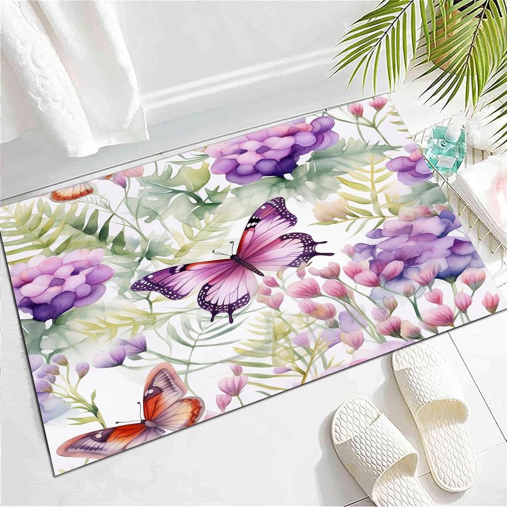 Wild Animal Butterfly Carpet Spring Garden Plant Floral Rug for Bedside Sofa, Botanical Flower Floor Mat Home Entrance Doormat