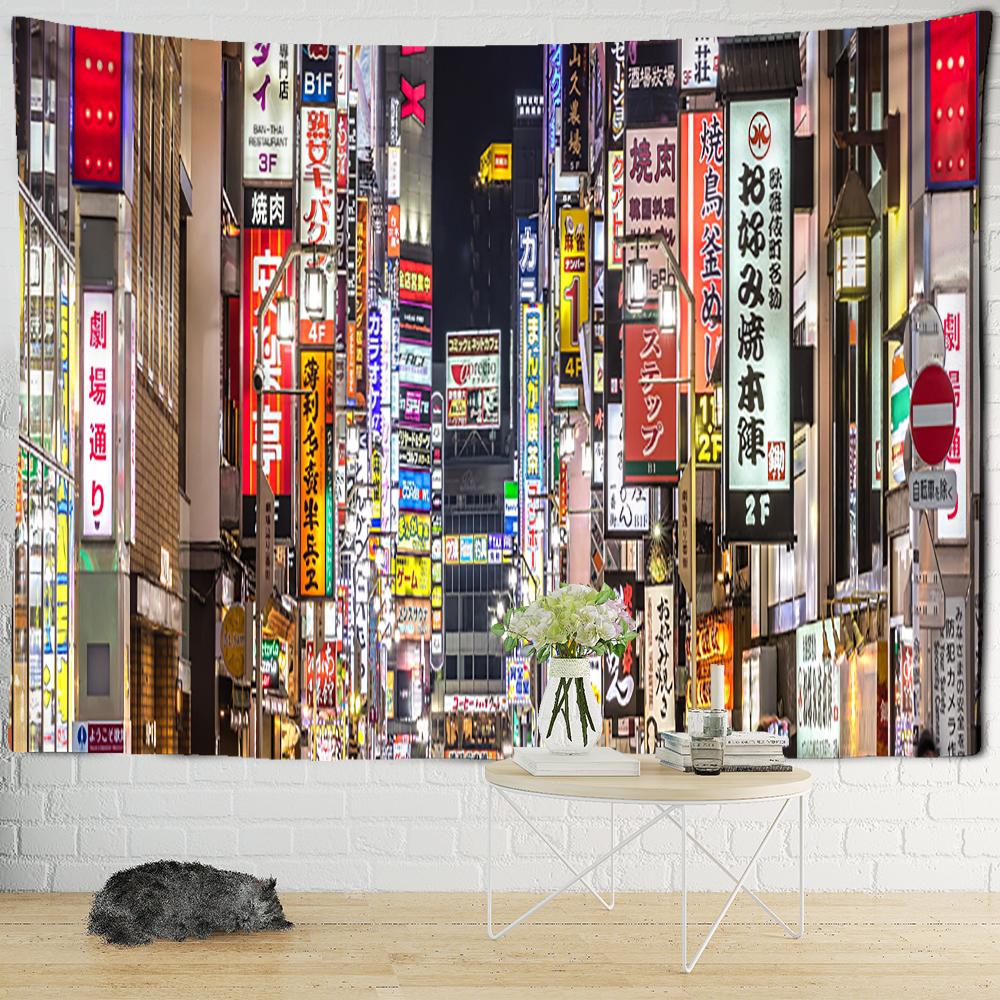 Tapestry s nočním pohledem na Tokio Psychedelická látka na pozadí čarodějnictví Nástěnná dekorace Cikánský domov Dekorace místnosti