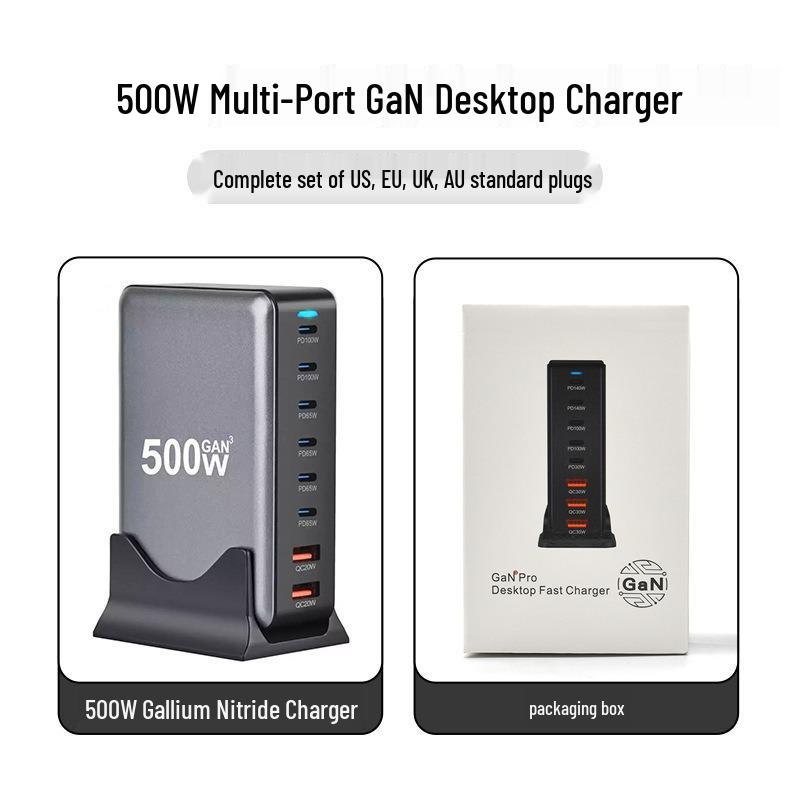 500W Gallium Nitride 8-Port Desktop Charger with 6 USB-C and 2 USB-A Ports
