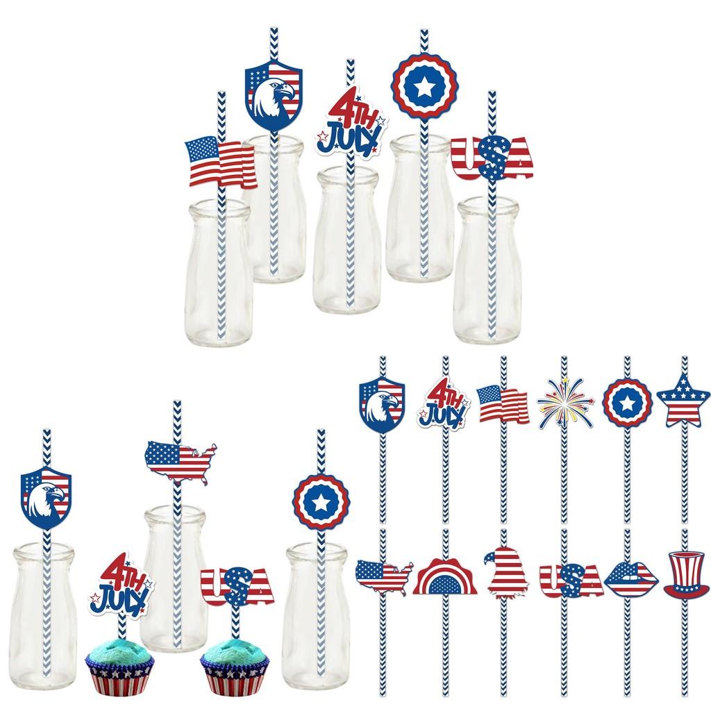 American Day Independence Paper Straws With Stars Flags For Party Decorations
