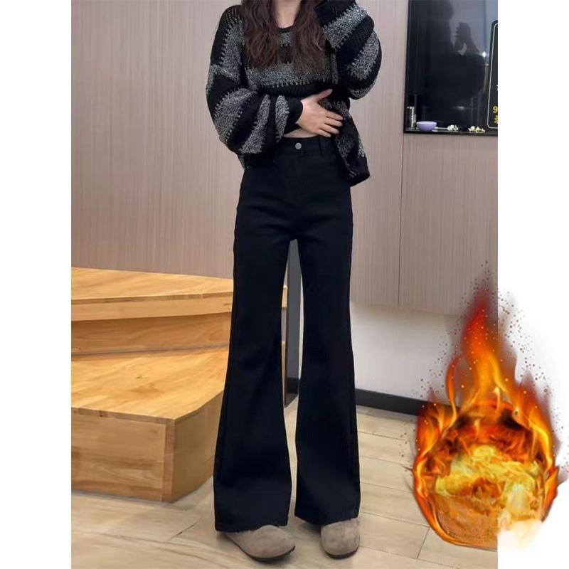 Fleece Micro-flared Jeans Women's Autumn and Winter High-waisted Elastic and Thin Straight Horseshoe Pants