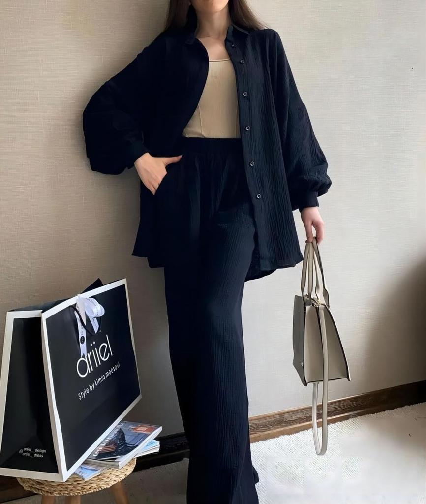 Two-Piece Long-Sleeve Lapel Shirt & Elastic Waist Trousers Suit