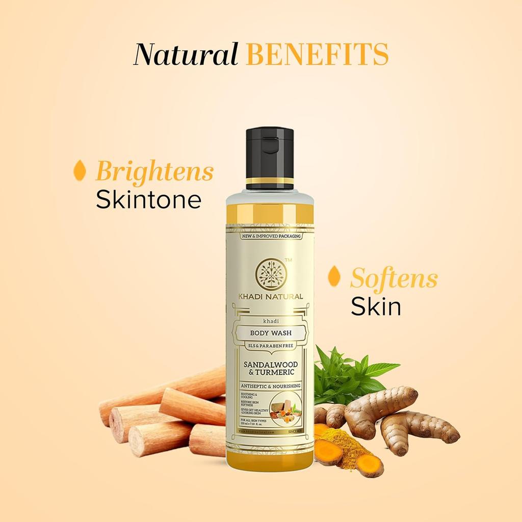 Khadi Herbal Sandal And Turmeric Body Wash 210 Ml SLS Paraben Free Gentle Cleansing Shower Gel For Soft Glowing Skin