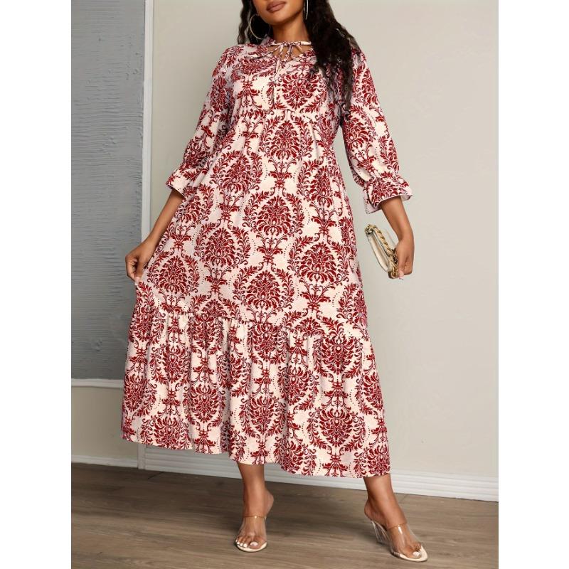 Plus Size Women's Printed V Neck Fashion All In One Holiday Dress