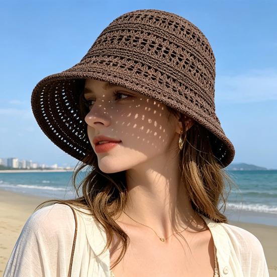 Women Hat Breathable Hollow Pure Color Summer Basin Design Fisherman Hat Outdoor