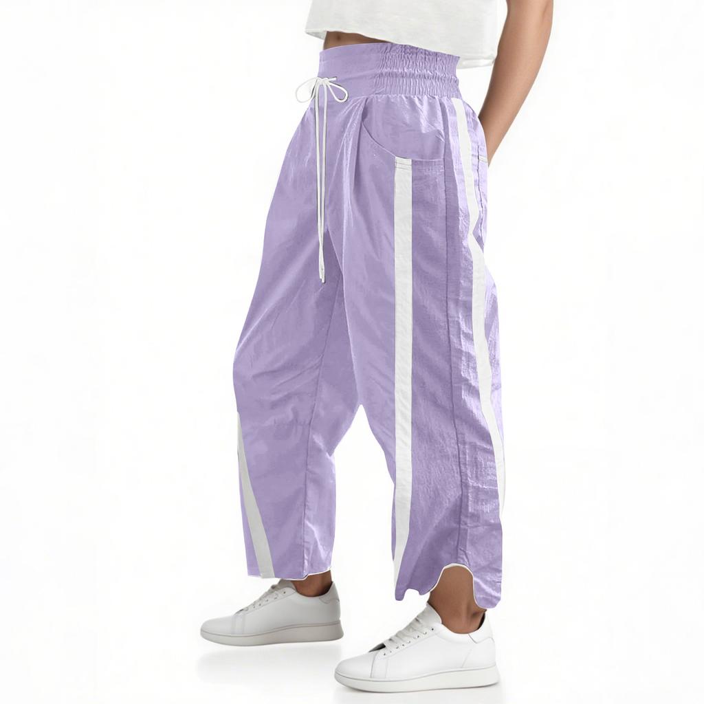 Women's Baggy Wide Leg Pants Casual Drawstring Elastic Waisted Contrast Color Workout Track Pants