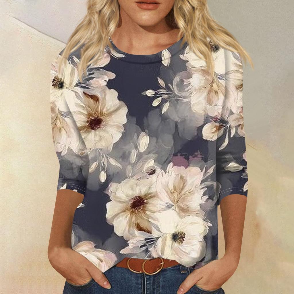 Women's Fashion Casual Round Neck Three Quarter Sleeve Printed T-Shirt Top