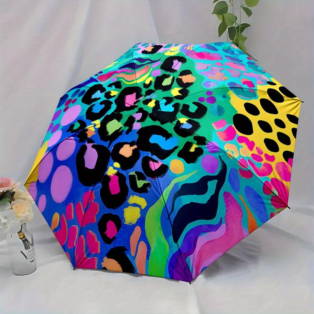 Automatic Open/Close Folding Umbrella with Abstract Leopard Spots, Large Polka Dots & Wavy Lines - Compact Travel Umbrella, Wi
