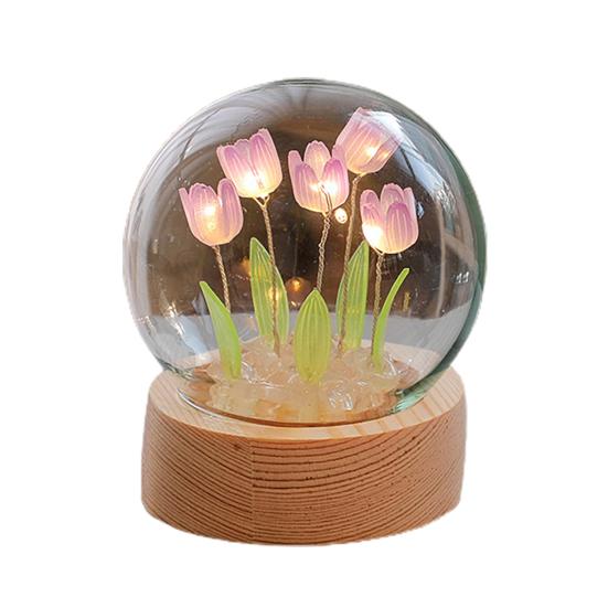 1 Set Tulip Night Light Soft Lighting Wooden Base Battery-operated Easy Installation Decorative Energy-saving Creative Handmade Tulip Night Light