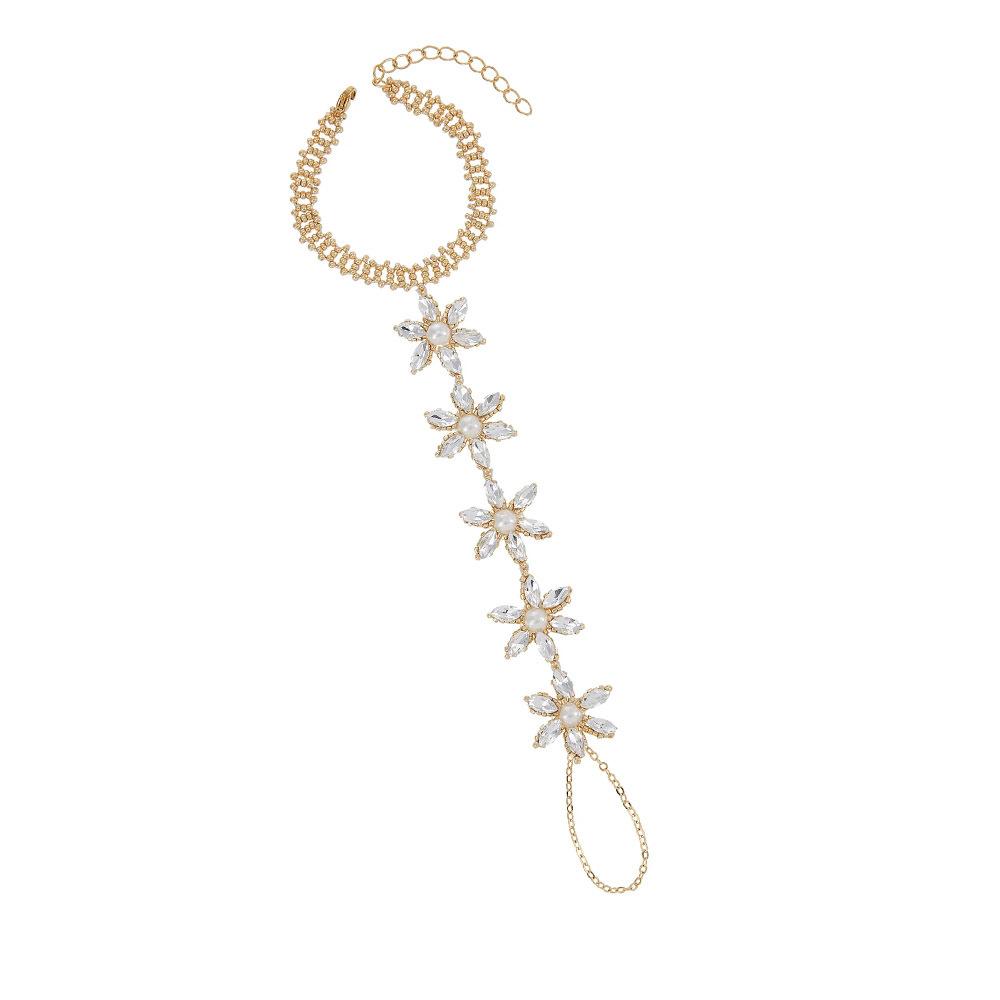 Stonefans Křišťálový Květinový Prstový Náramek Řetízek Svatební Doplněk na Ruku Elegantní Vykládaný Perla Kamínek Svatba Šperky Ruční výroba