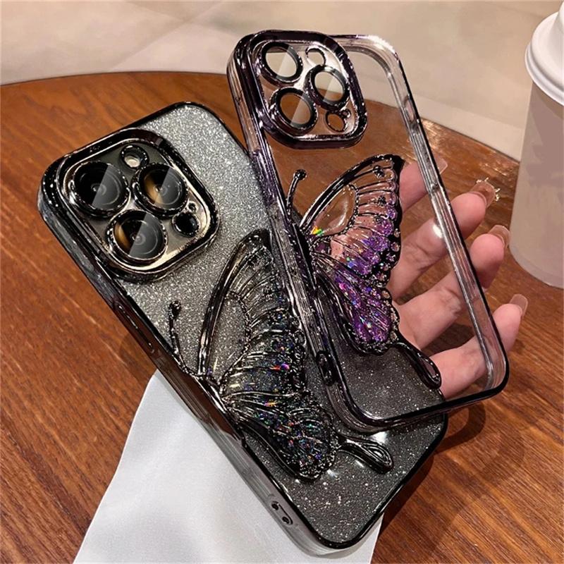 Bling Glitter Cute 3D Butterfly Flowing Quicksand Case For iPhone 16 15 11 12 13 14 Pro Max Gradient Color Soft Plating Cover