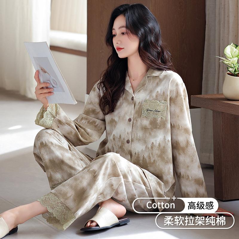 Pajamas women's spring and autumn 1011 new cotton long-sleeved cardigan can be worn outside autumn high-end large-size loungewear