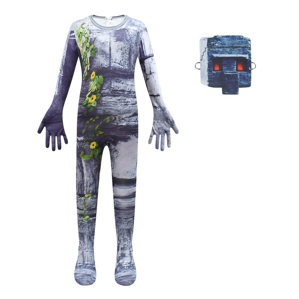 Kids Boys Game Character Stone Print Jumpsuit Mask Set Outfit Halloween Cosplay Costume