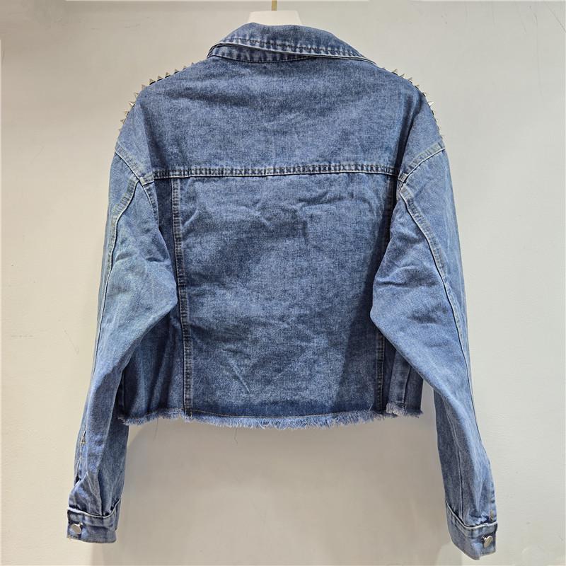Europäische Station 2026 Frühling Nieten & Diamanten Ausgefranster Rand Damen Jeansjacke