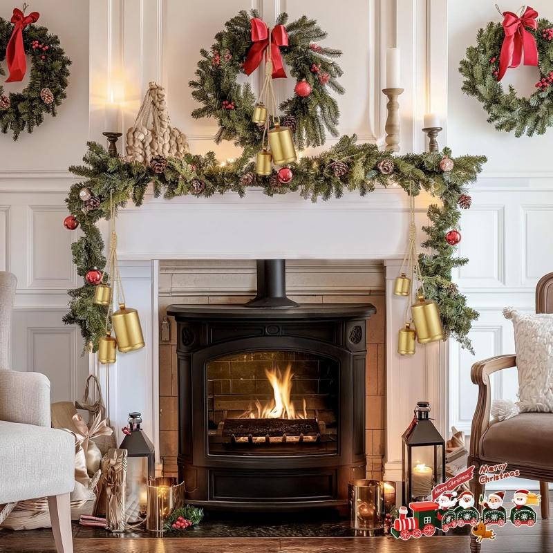 Christmas Cow Bell Metal Brass Bell with Jute Hanging Rope Home Party Xmas Decor