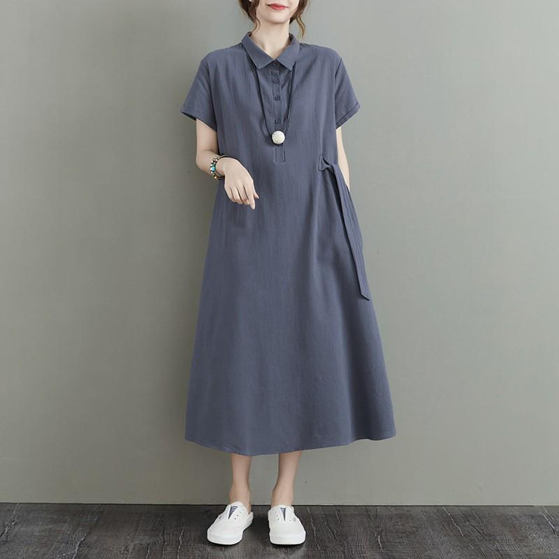 Japanese Style Cotton-Linen Lapel Pocket Dress for Women