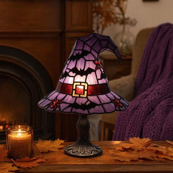Lampa v podobě čarodějnického klobouku z vitráže, Ručně vyráběná retro pryskyřičná čarodějnická lampa, Gotická noční lampa v podobě čarodějnických klobouků napájená přes USB, Halloweenská dekorace do domácnosti