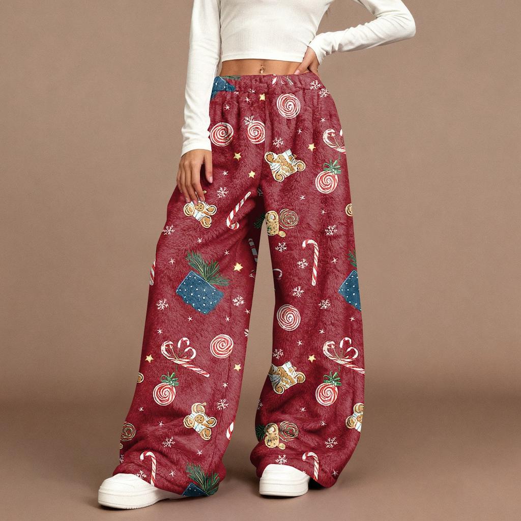 Women's Casual Fashion Christmas Print Elastic Waist Loose Plush Wide Leg Pants