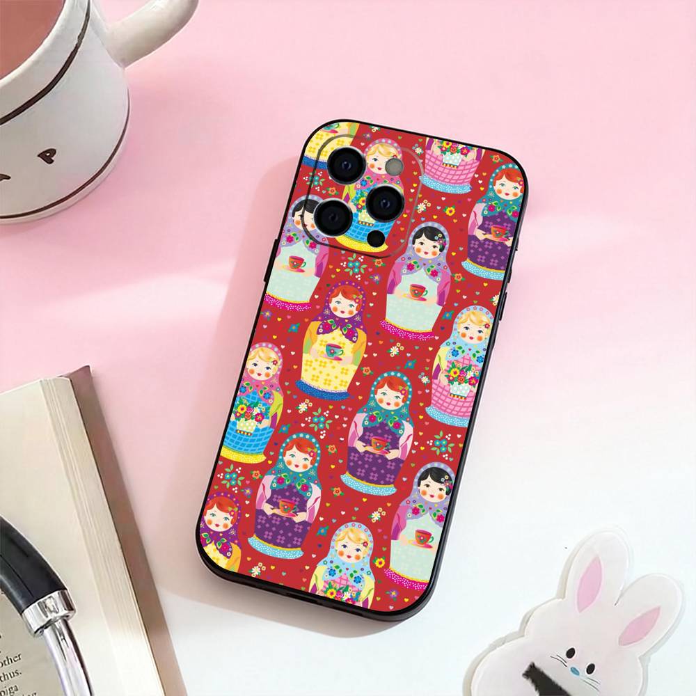 Russian Dolls Matryoshka Phone Case For iPhone 17,16,15,14,13,12,11 Plus,Pro Max,Soft Silicone Black Cover