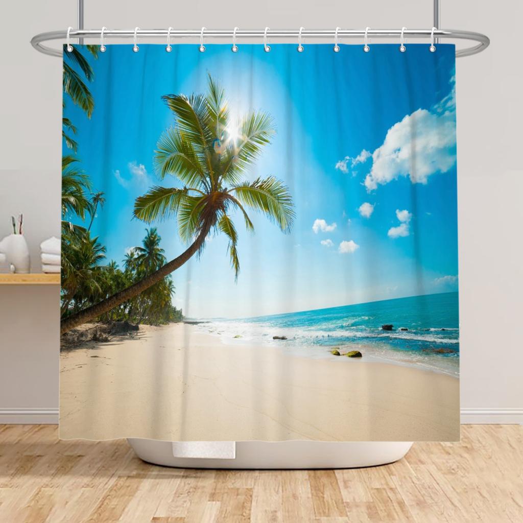 Beach Vacation Shower Curtain Tropical Palm Trees Ocean Waves Starfish Sandy Shore Pattern Waterproof Polyester Bathroom Decor