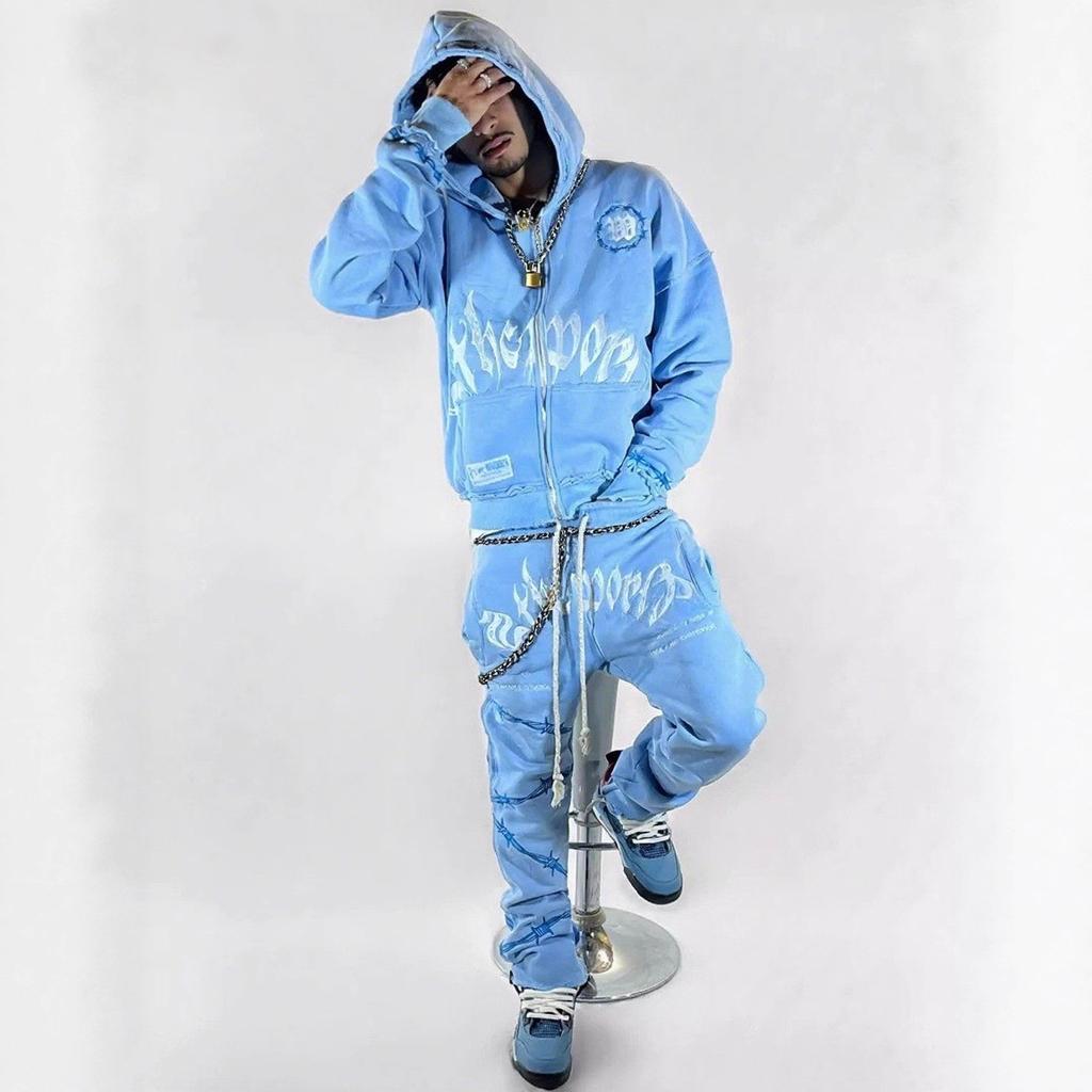 Hip Hop Gothic Cross-border American Printed Hoodie Personality Advanced Sense Trendy Brand Loose Men's and Women's Sweater Set 3D