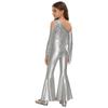Girls Pageant & Stage Romper: Metallic Shiny Off Shoulder Jumpsuit with Sequin Tassels & Bell Bottom Legs for Disco