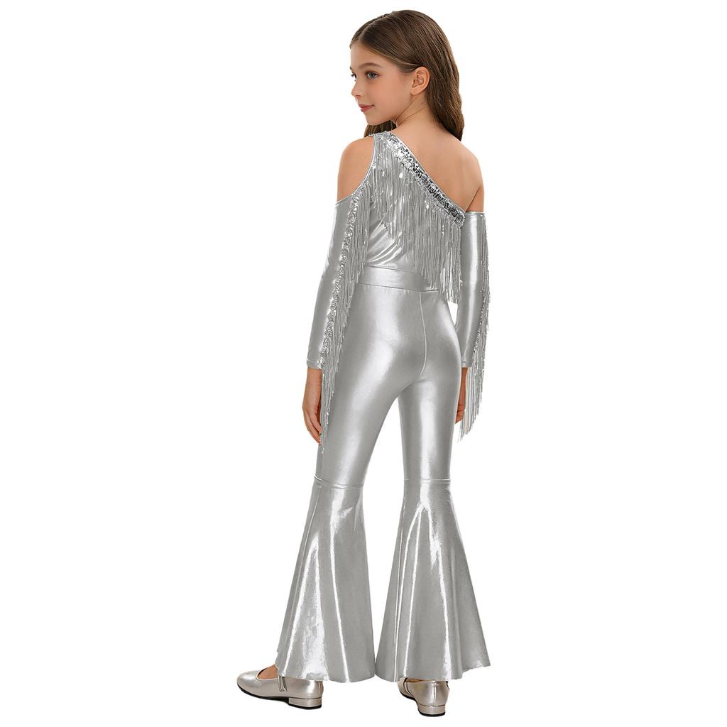 Girls Pageant & Stage Romper: Metallic Shiny Off Shoulder Jumpsuit with Sequin Tassels & Bell Bottom Legs for Disco