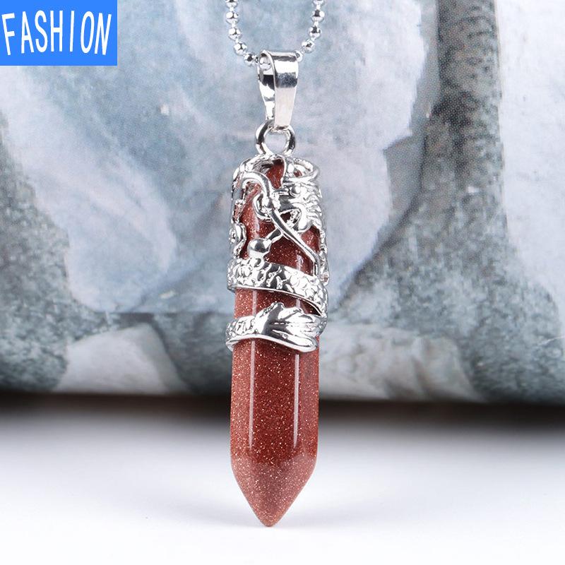 Tribal Totem Dragon Shaped Natural Stone Pendant Hexagon Aura Point Head Crystal Column Nekclace