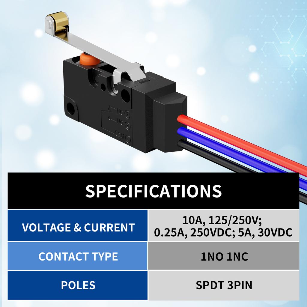 2PCS Waterproof Micro Limit Switch with Long Straight Roller Lever SPDT 3 PIN Pre-wired 10A 125 250V Micorswitch for Electronic