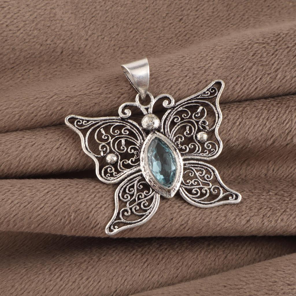Natural Sky Blue Topaz Gemstone 925Sterling Silver Designer Pendant 1.5" For Mother's Day Gift CP-41-8
