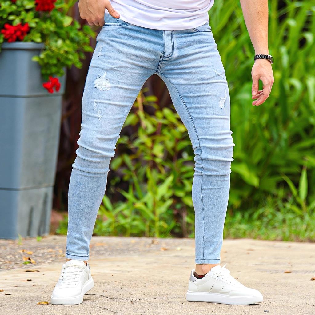 Wind Slim-Fit Ripped Jeans Herren Mittlere Taille Elastische Hose Gewaschene Hose