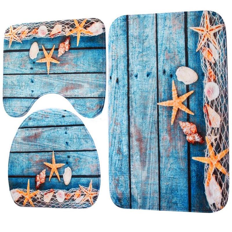 Luxurious 3pcs Beach Nonslip Bathroom Toilet Seat Cover Pedestal Rug Bath Mat Carpet Set