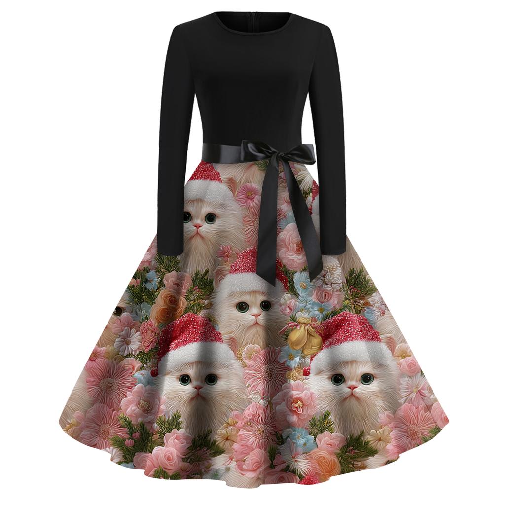 Women's Fashion Round Casual Slim Fit Christmas Print Large Swing Long Sleeve Dress