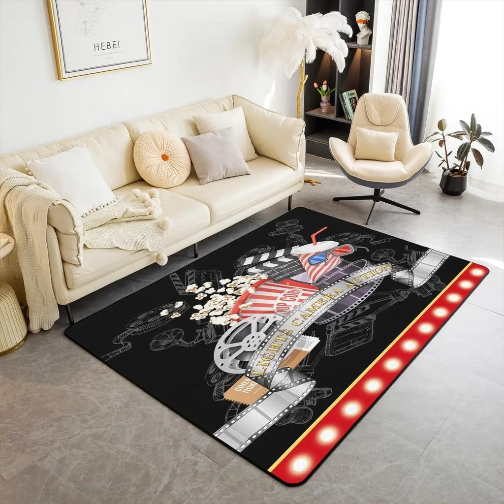 Movie Theater Pattern Indoor Floor Mat Cinema Poster Decor Carpet, for Living Room Bedroom Rugs Old Fashion Home Decor Area Rug