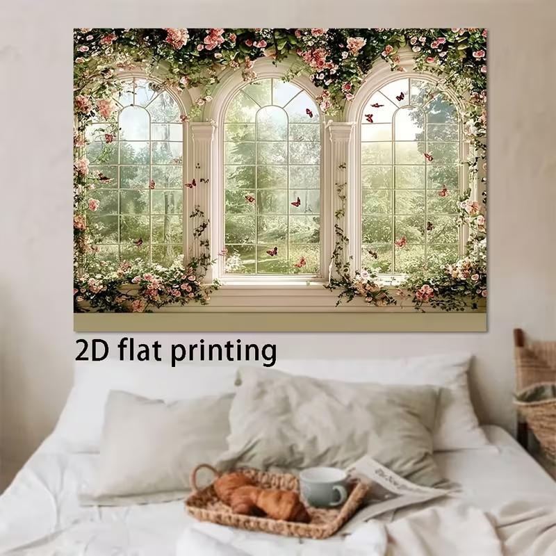 2D Floral Arched Window Backdrop, Romantic Garden View Photography Background for Wedding Party