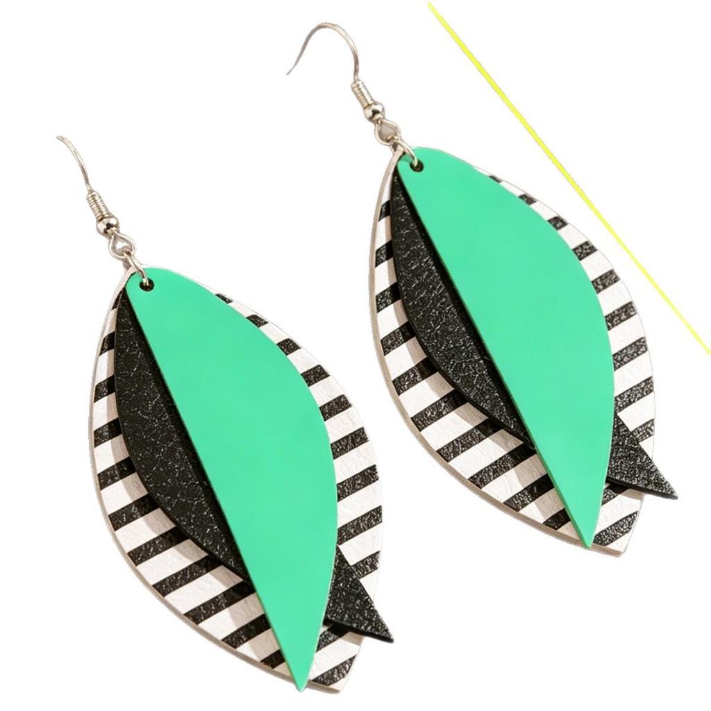 Cross-border Bestseller Multicolor Leaf-Shaped Leather Earrings in Green and Pink - European and American Patchwork Style